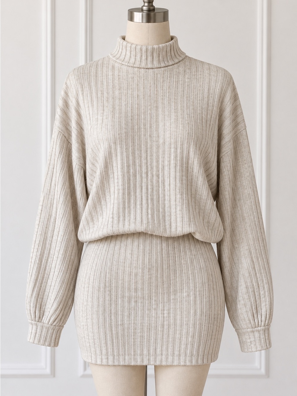 SHEIN Cream Ribbed Turtleneck Sweater Dress